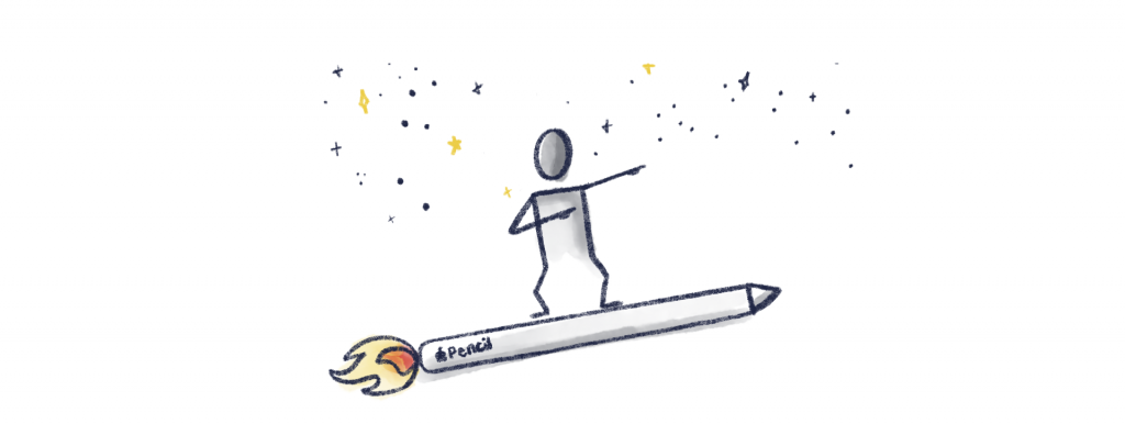 Illustration eines Männchens auf einem Apple Pen, der wie eine Rakete durch Sterne fliegt