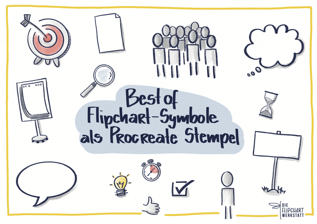 Flipchart Symbole Best Of Stempel für Procreate zum Download, inklusive Zielscheibe, Glühbirne, Uhr, Menschen, Flipchart, Lupe, Schild, Sprechblase, Blatt, Kalender, Thumbs-up