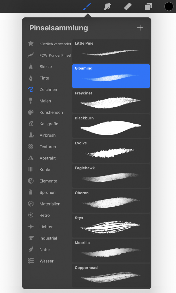 Procreate Brushes im aufgeklappten Pinselsammlung-Menü auf der App Procreate.