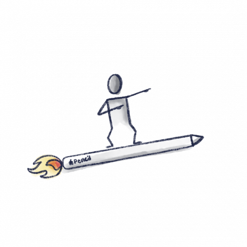 Illustration einer Figur, die auf einem großen Apple Pensil mit einem Feuerschweif surft.